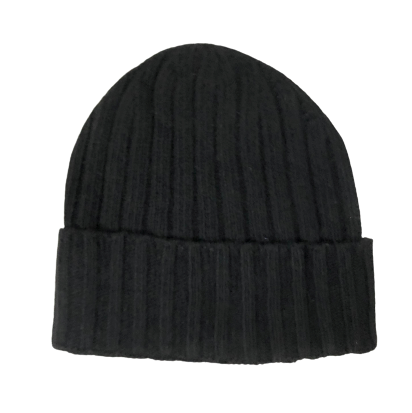 Cashmere Double Ribbed Turn up Beanie Prato Black - Hommard