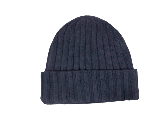 Cashmere Double Ribbed Turn up Beanie Prato Navy - Hommard